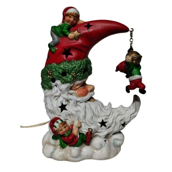Santa & Elves Cresent Moon Christmas Ceramic Light-Up Electrical‎ Nightlight Vtg - Picture 1 of 13